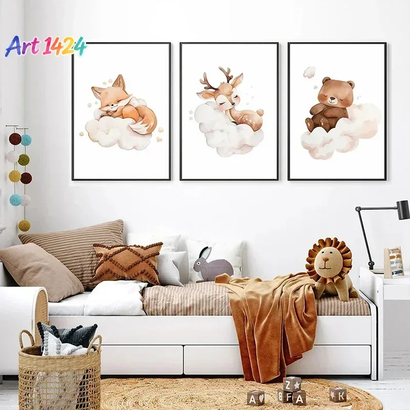Baby Nursery Picture Frames - 1pc framelessCartoon Cloud Animal Canvas Wall