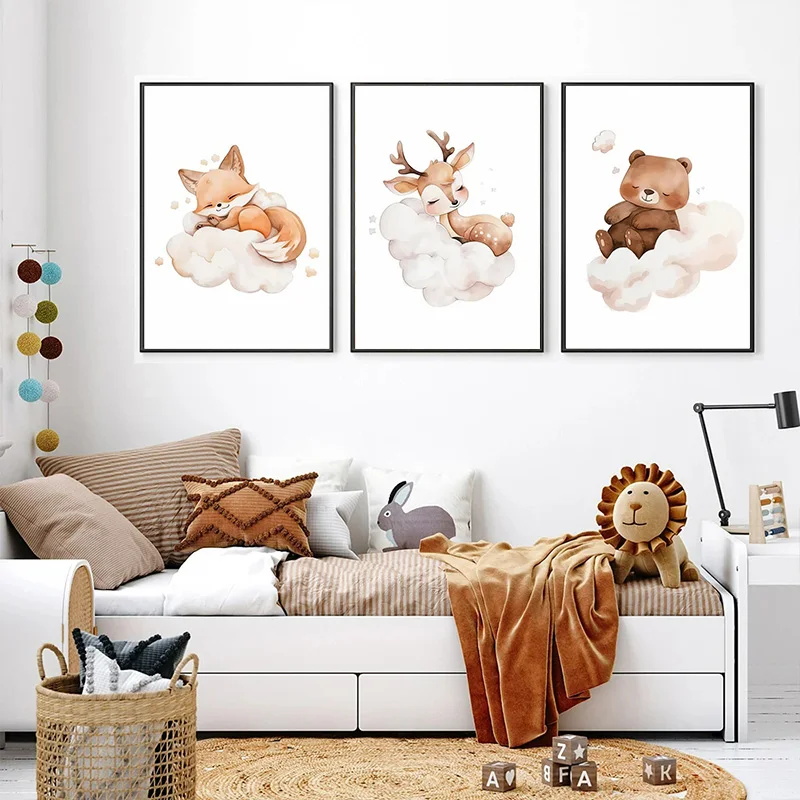 Baby Nursery Picture Frames - 1pc Frameless Cartoon Cloud Animal Canvas