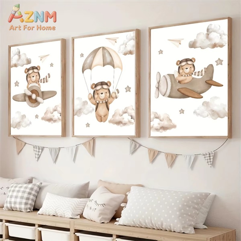 Baby Nursery Picture Frames - 3pcs Cute Pilot Bear Airplane Parachute