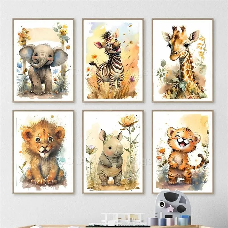 Watercolor Lion Giraffe Tiger  - огляд і ціна Baby Nursery Pictures