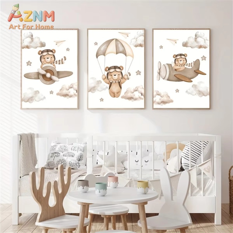 3pcs Cute Pilot Bear Airplane  - огляд і ціна Baby Nursery Picture Frames