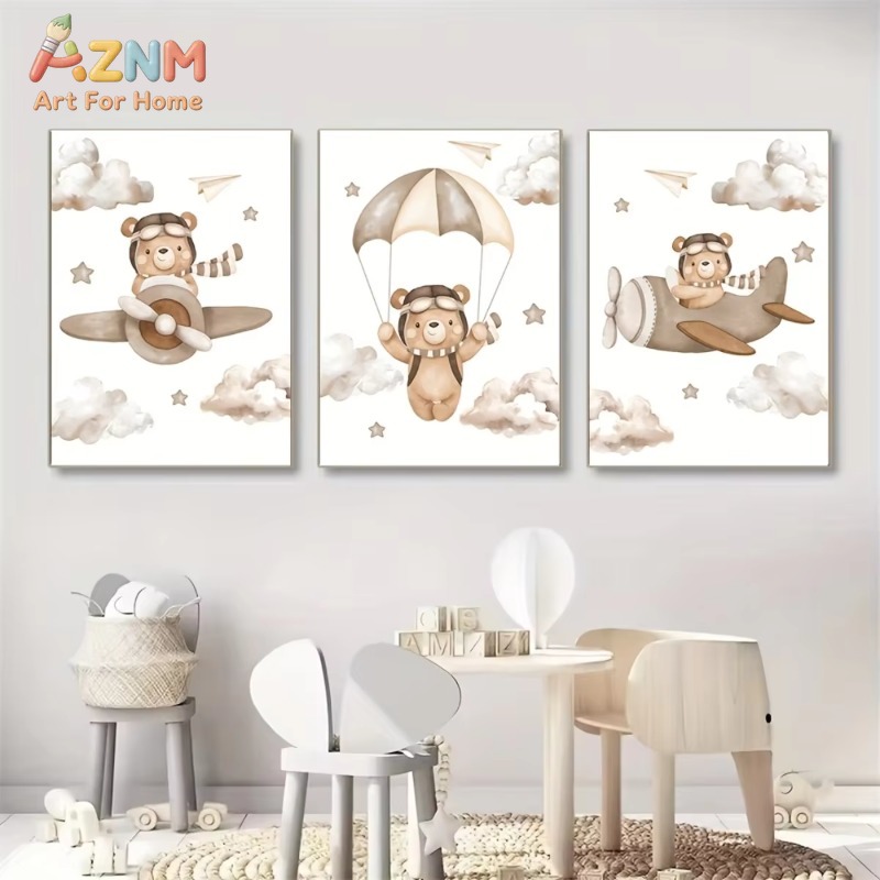 3pcs Cute Pilot Bear Airplane  - огляд і ціна Baby Nursery Picture Frames